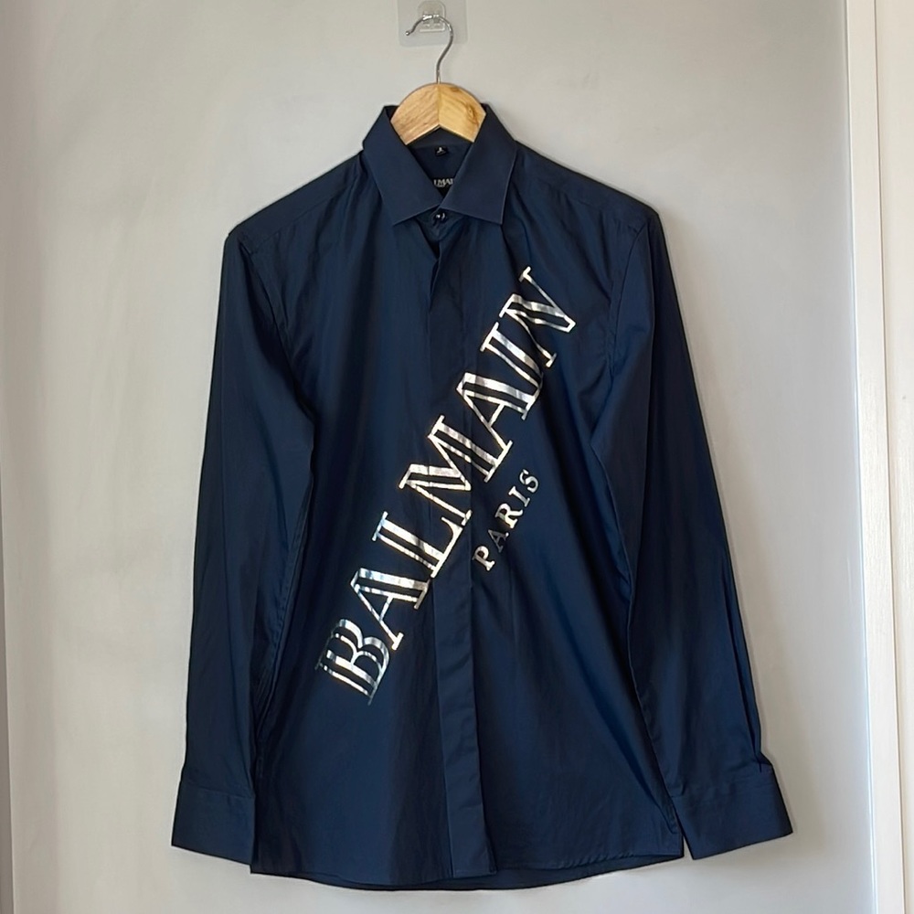 BALMAIN Black Logo Button Down Cotton Dress Shirt Size Small